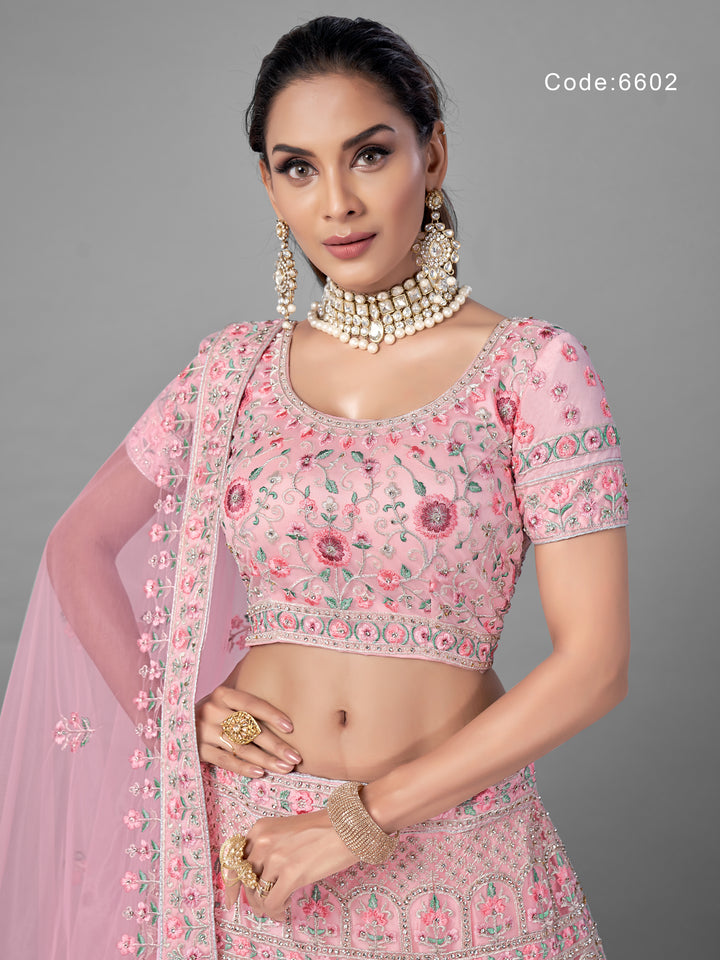 Exquisite Pink Soft Net Lehenga | Intricate Thread & Zarkan Detailing