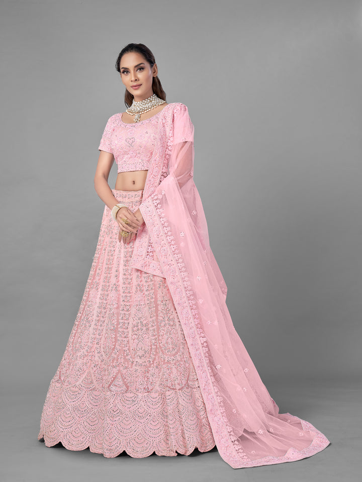 Stunning Pink Soft Net Lehenga | Intricate Dori & Zarkan Embroidery