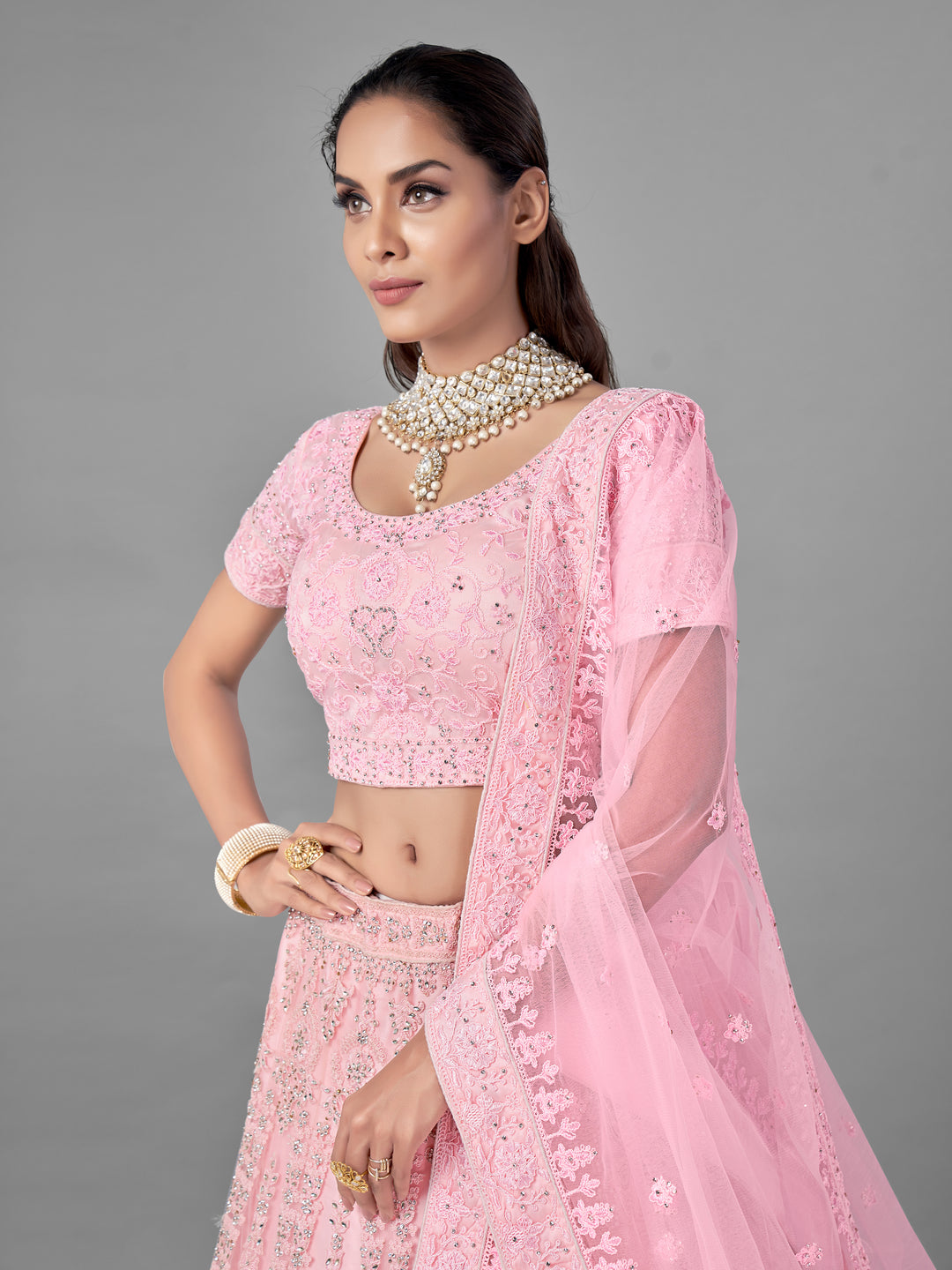 Stunning Pink Soft Net Lehenga | Intricate Dori & Zarkan Embroidery