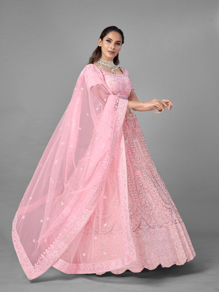 Stunning Pink Soft Net Lehenga | Intricate Dori & Zarkan Embroidery