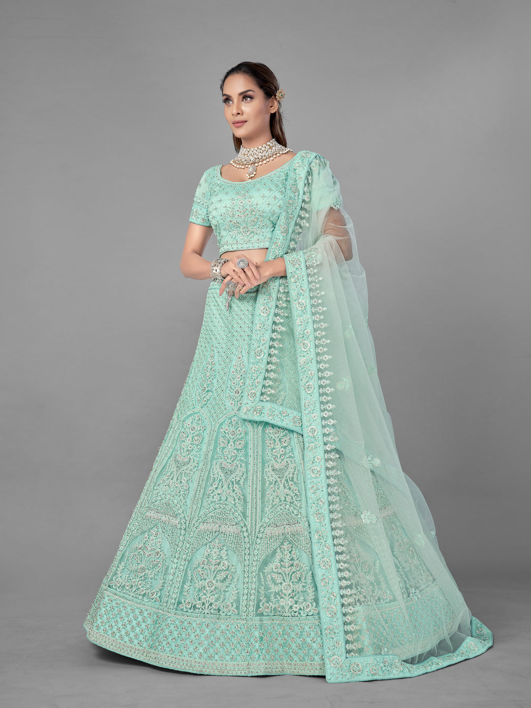 Elegant Sea Green Lehenga Choli | Intricate Embroidery for Festive Events