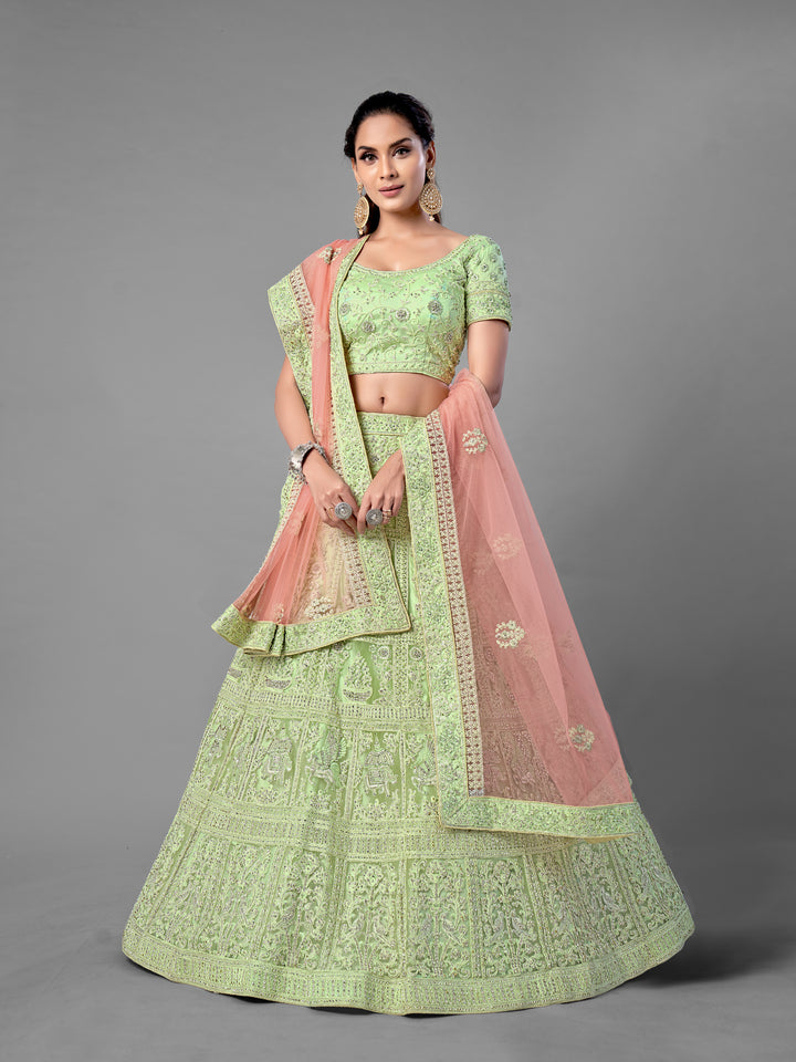 Pista Green Soft Net Lehenga | Dori, Zarkan & Zari Work for Weddings