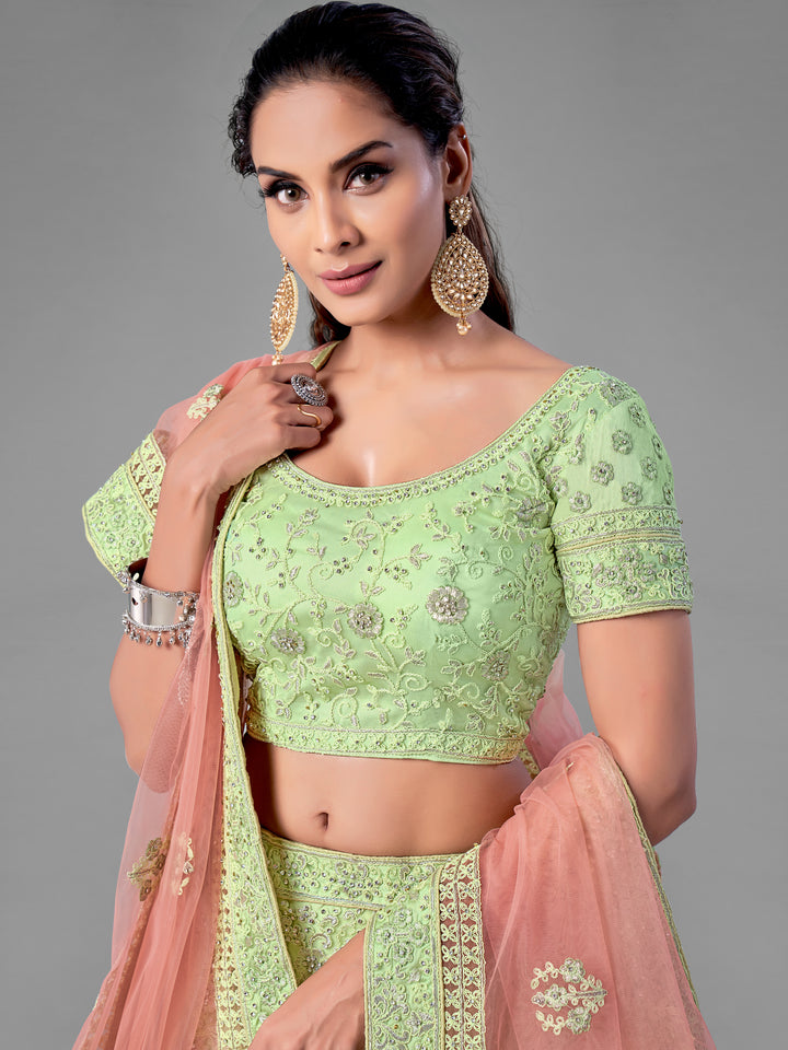 Pista Green Soft Net Lehenga | Dori, Zarkan & Zari Work for Weddings