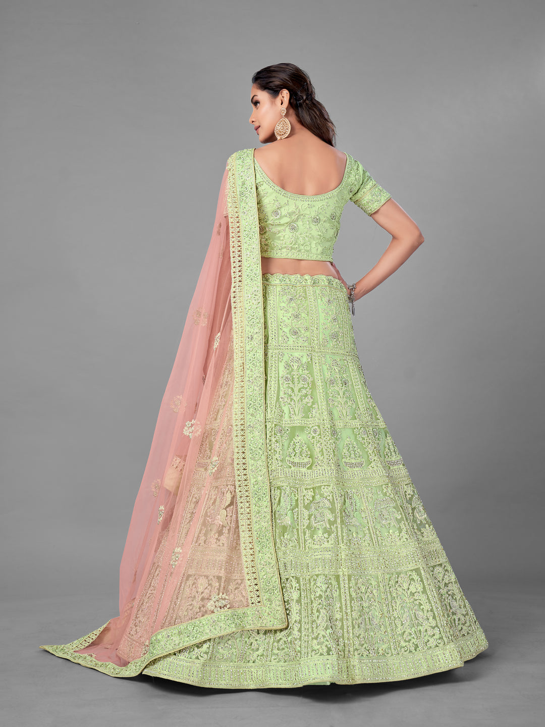 Pista Green Soft Net Lehenga | Dori, Zarkan & Zari Work for Weddings