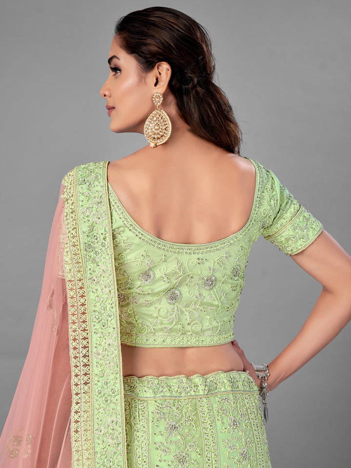 Pista Green Soft Net Lehenga | Dori, Zarkan & Zari Work for Weddings