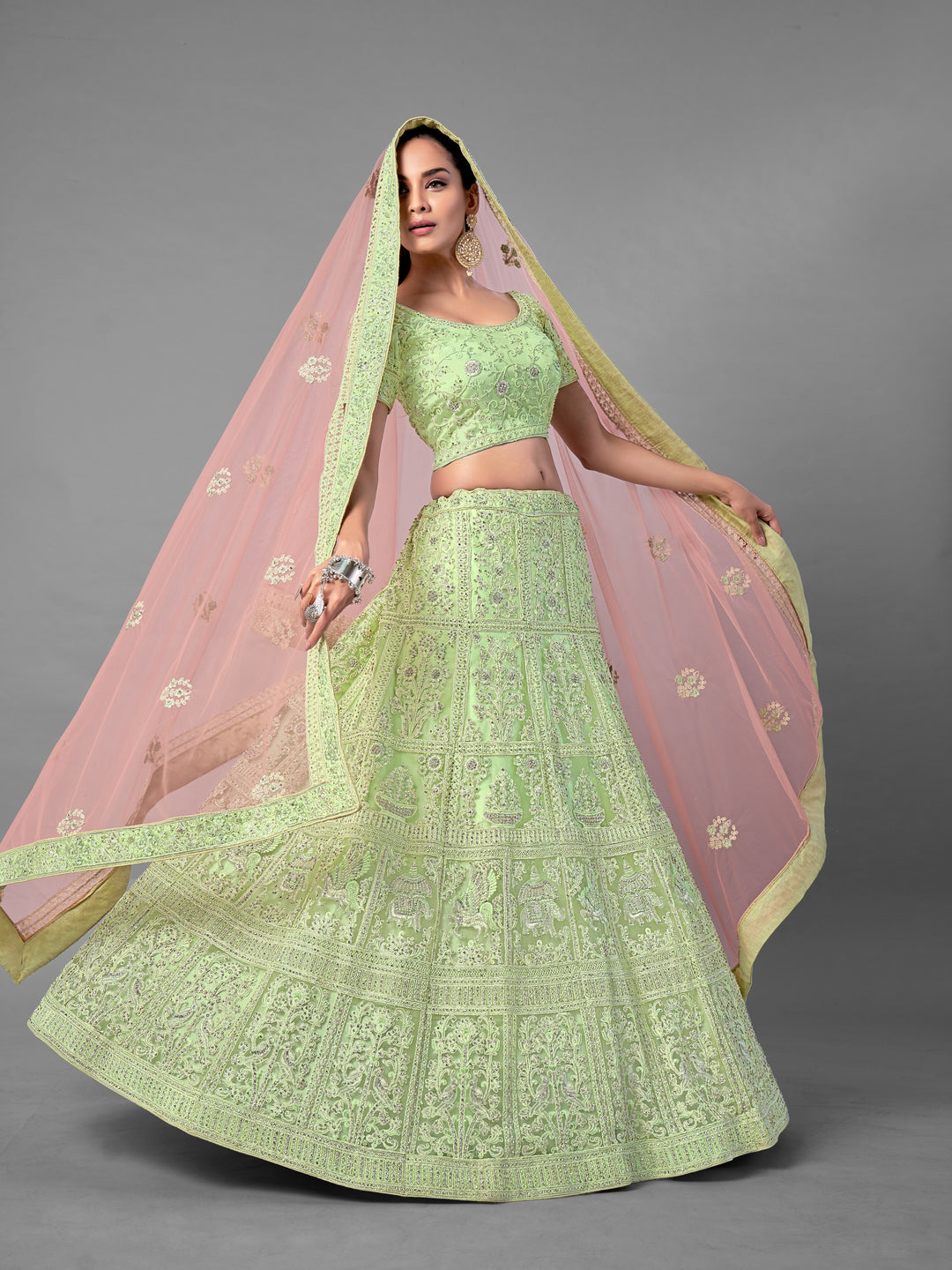 Pista Green Soft Net Lehenga | Dori, Zarkan & Zari Work for Weddings