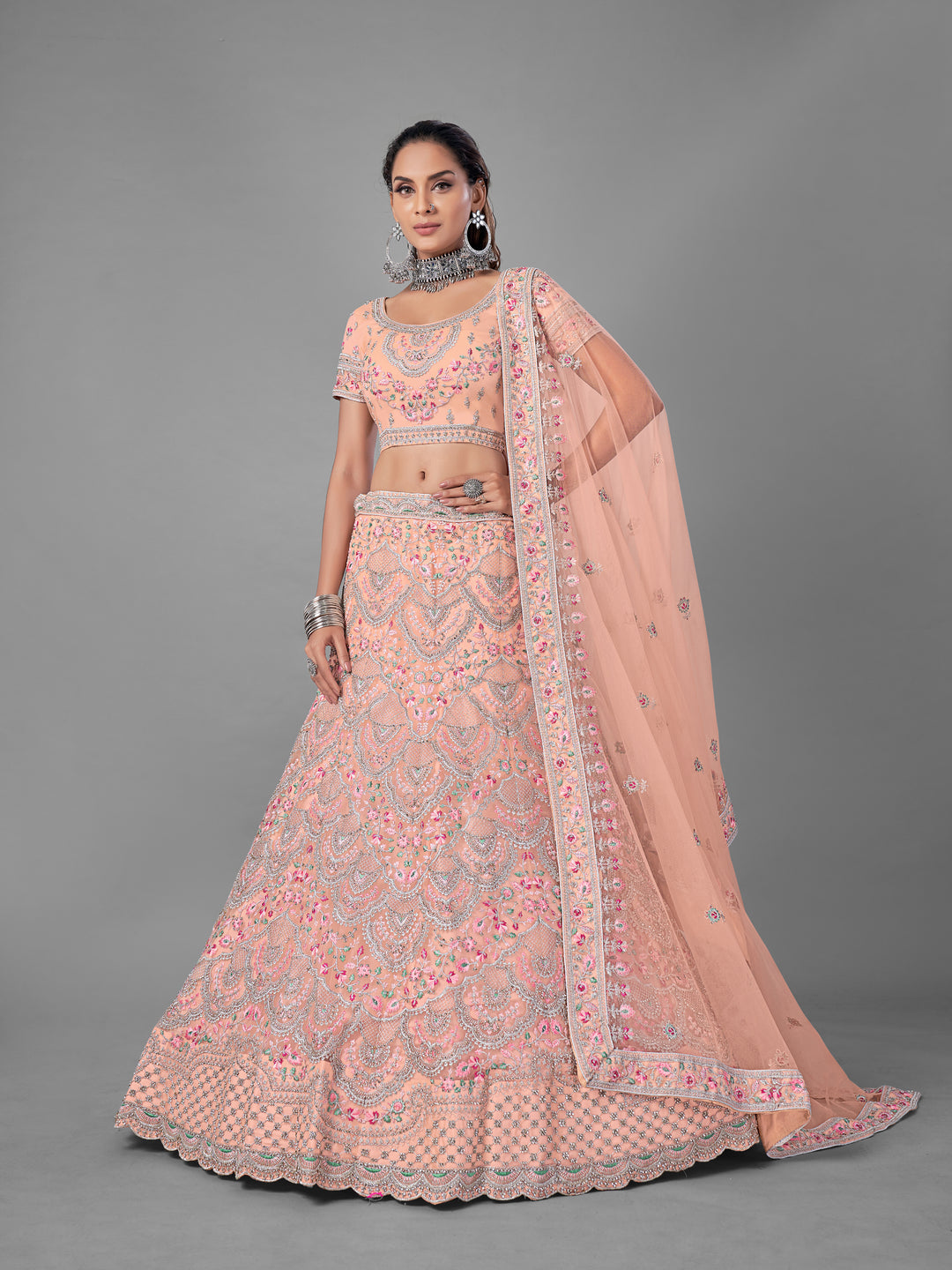 Exquisite Peach Soft Net Lehenga | Intricate Dori & Zarkan Work