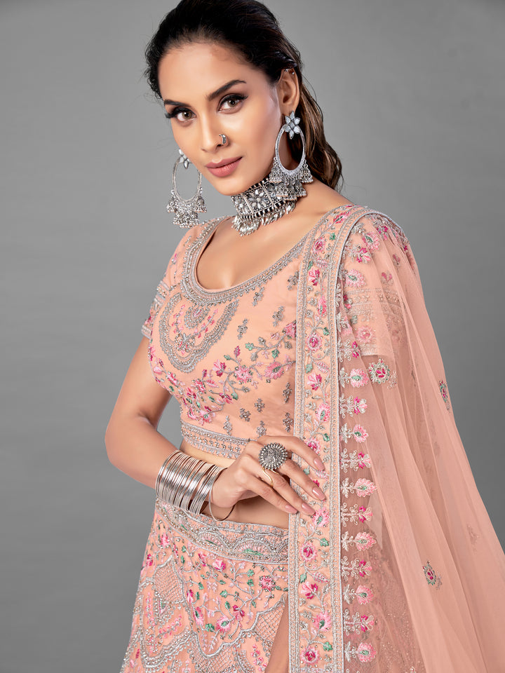 Exquisite Peach Soft Net Lehenga | Intricate Dori & Zarkan Work