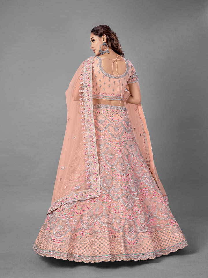 Exquisite Peach Soft Net Lehenga | Intricate Dori & Zarkan Work