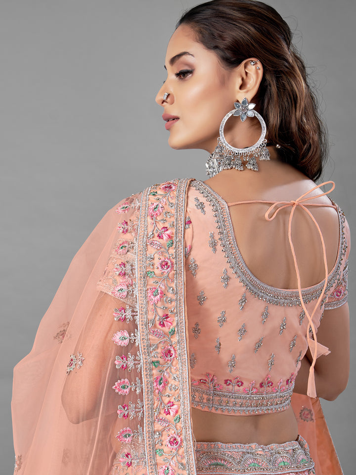 Exquisite Peach Soft Net Lehenga | Intricate Dori & Zarkan Work