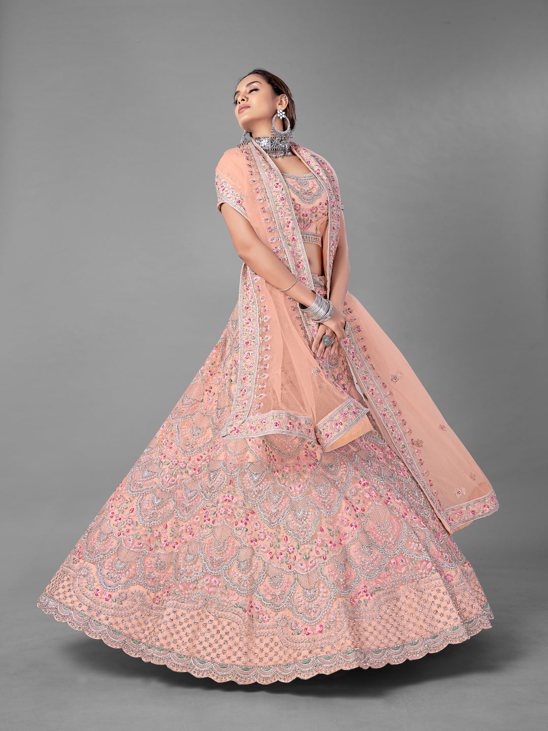 Exquisite Peach Soft Net Lehenga | Intricate Dori & Zarkan Work