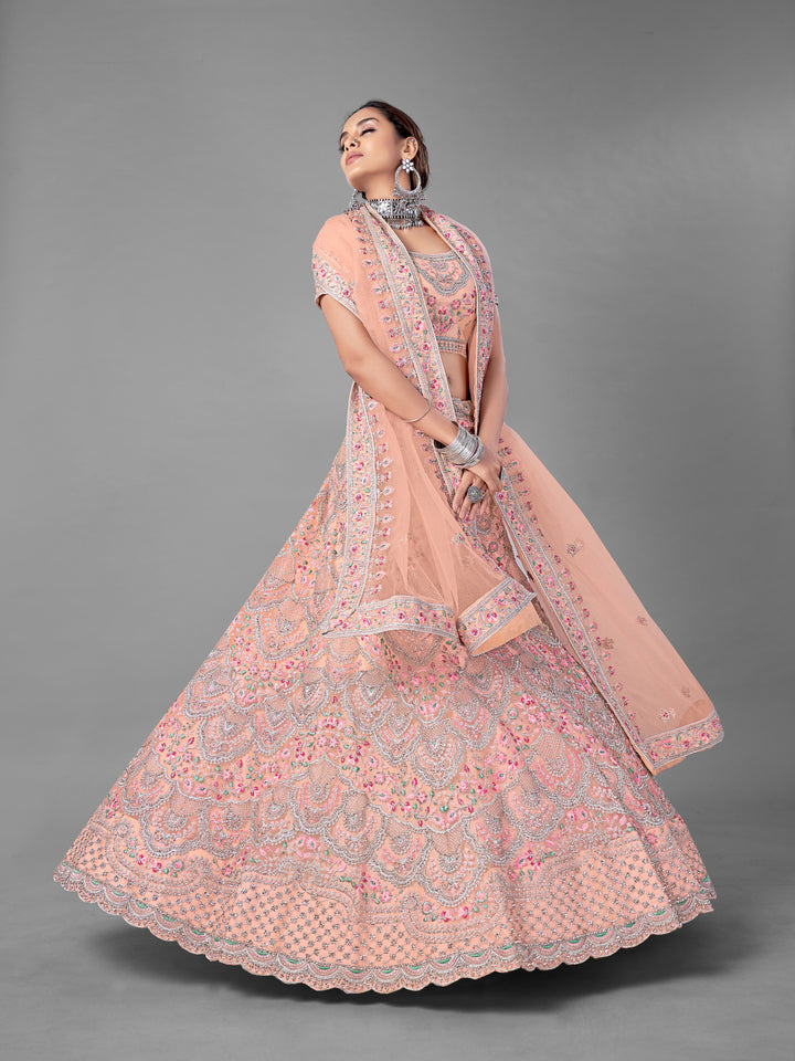 Exquisite Peach Soft Net Lehenga | Intricate Dori & Zarkan Work