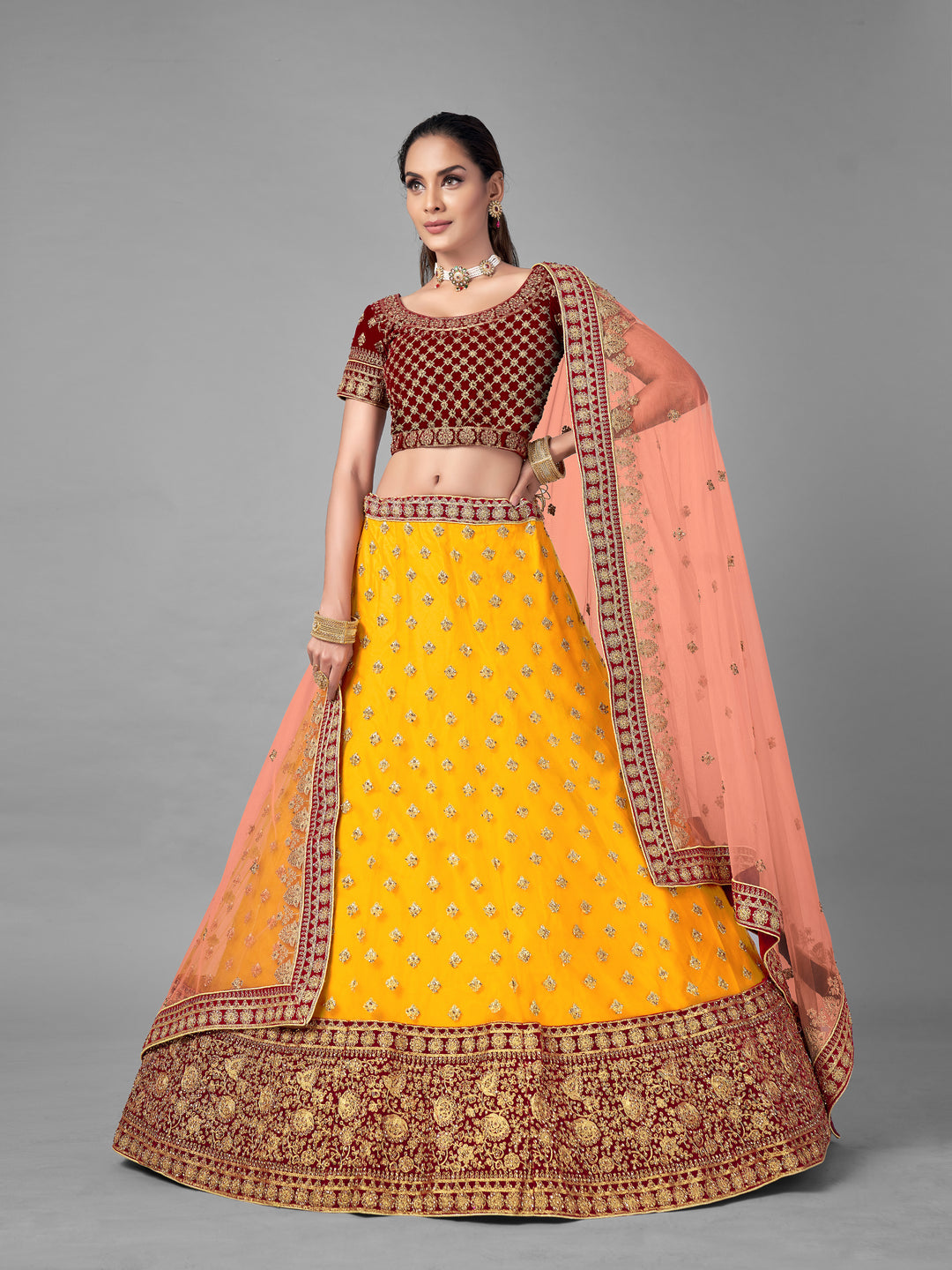 Mustard Velvet & Soft Net Lehenga | Intricate Dori & Zarkan Work