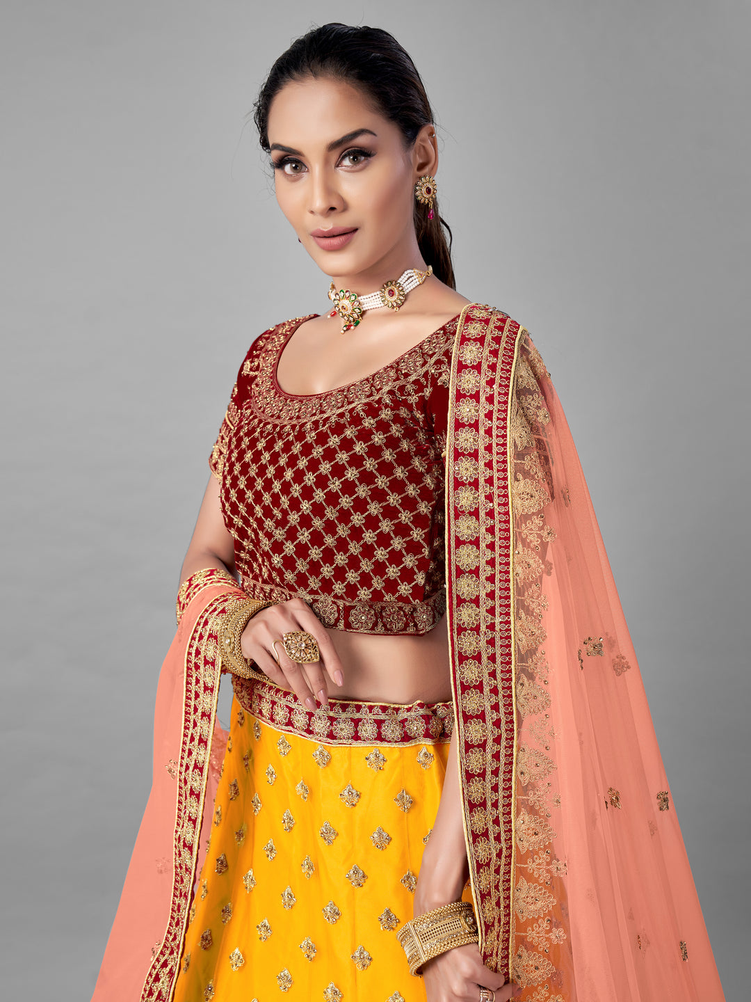 Mustard Velvet & Soft Net Lehenga | Intricate Dori & Zarkan Work