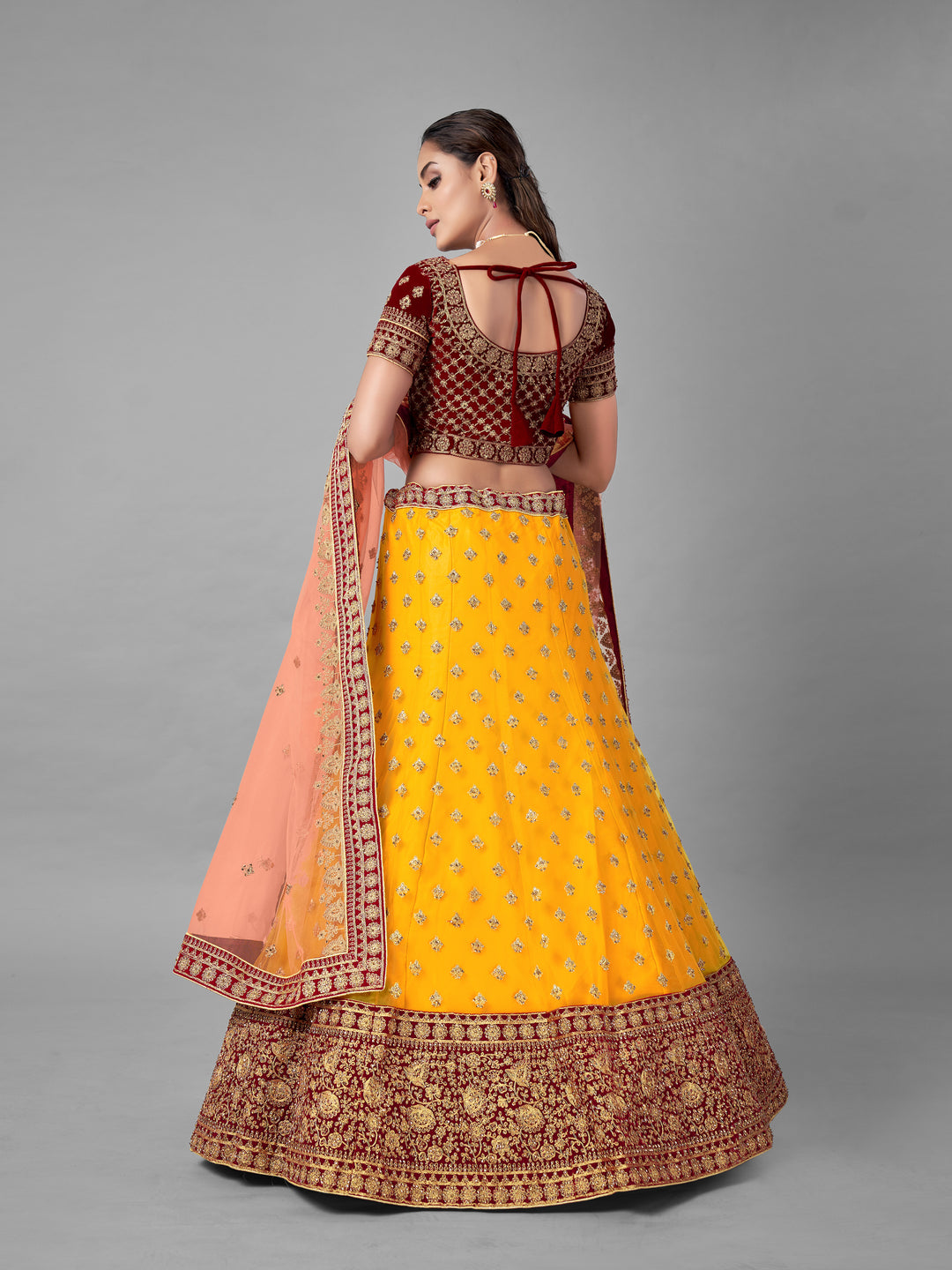 Mustard Velvet & Soft Net Lehenga | Intricate Dori & Zarkan Work