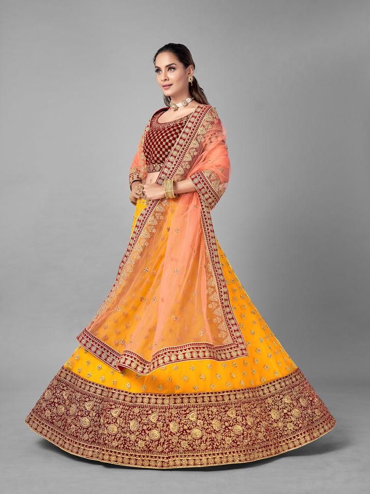 Mustard Velvet & Soft Net Lehenga | Intricate Dori & Zarkan Work