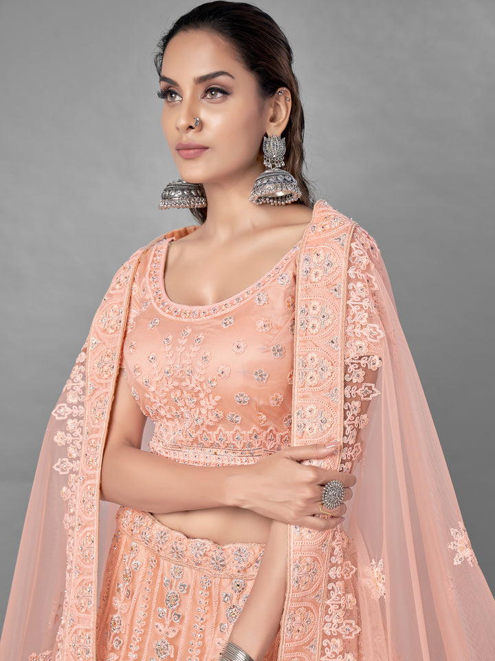 Peach Bridal Lehenga | Intricate Zarkan, Zari, and Dori Work Ensemble