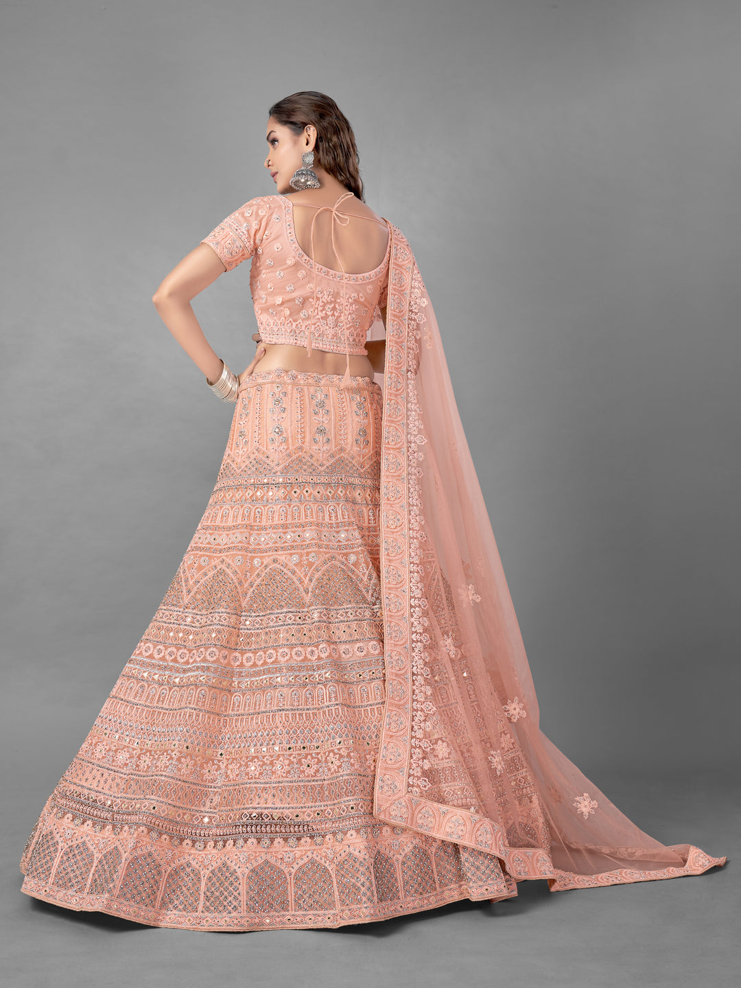 Peach Bridal Lehenga | Intricate Zarkan, Zari, and Dori Work Ensemble