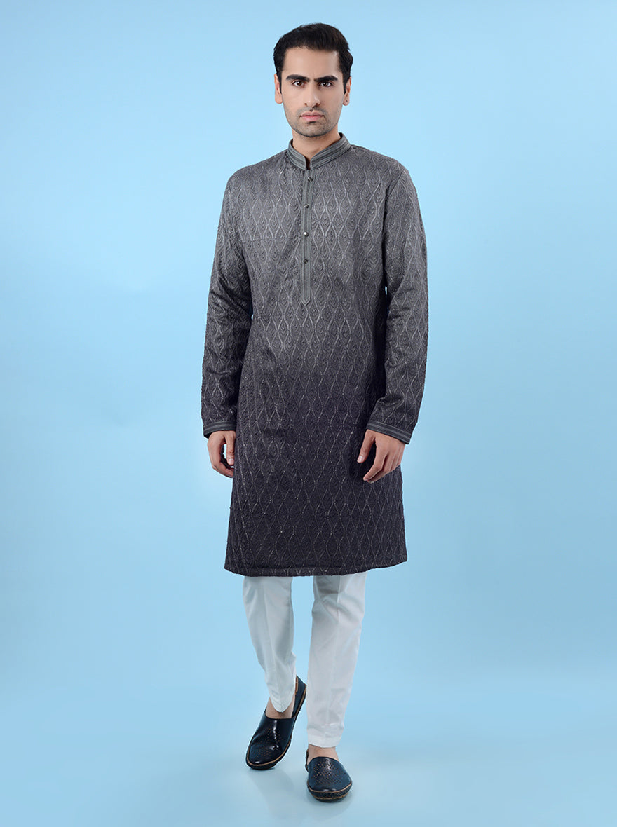 Men’s grey dori embroidered kurta pajama, crafted for USA wedding celebrations.