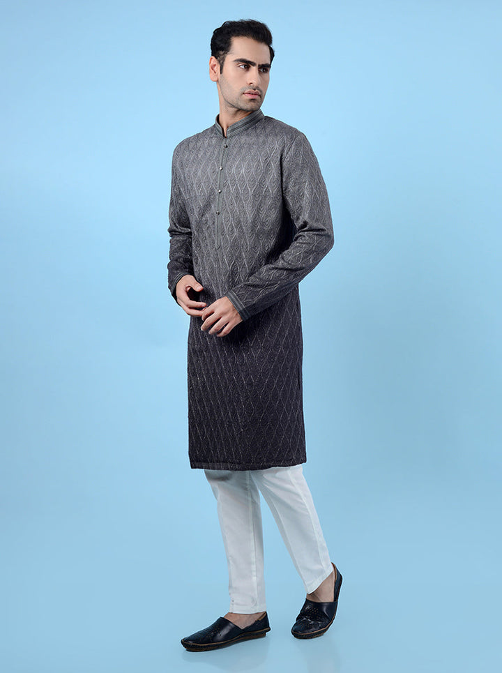 USA men’s traditional grey kurta, featuring intricate dori embroidery for special occasions.