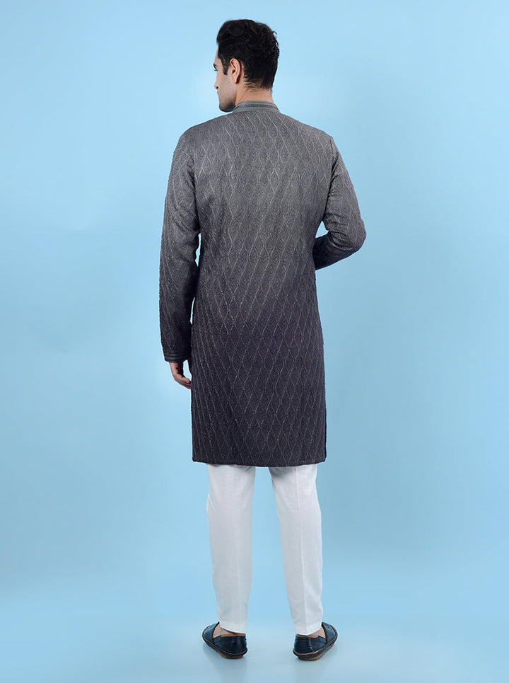 Men's grey silk kurta with delicate embroidery, offering a classic and elegant fit for traditional wear.