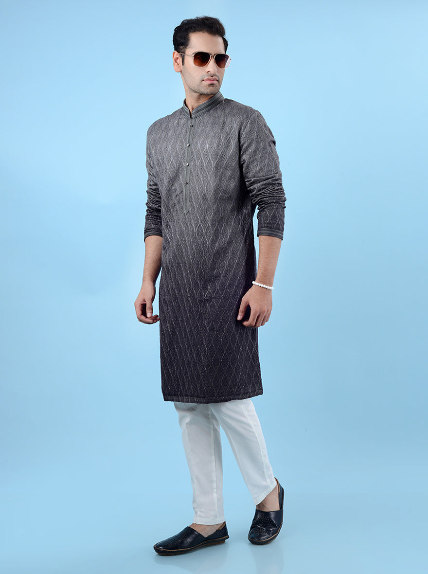 Sophisticated grey silk kurta pajama set for men, featuring elegant embroidery for a stylish ethnic appearance.