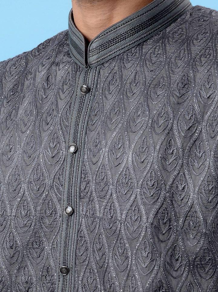 Classic grey silk kurta pajama for men, featuring intricate embroidery for a luxurious ethnic look.