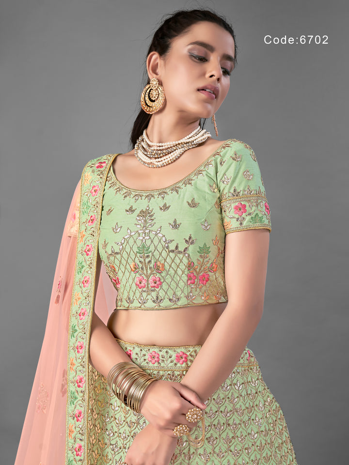 Pista Green Art Silk Lehenga Choli | Traditional Wedding Lehenga Set