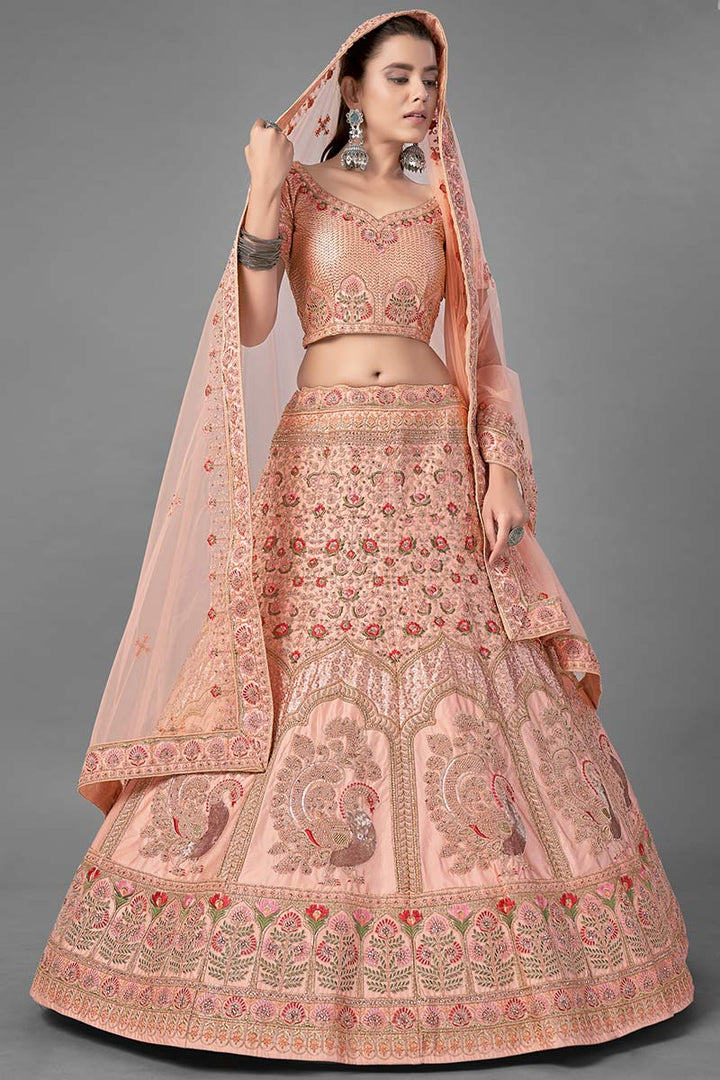 Peach Satin Bridal Lehenga Choli | Traditional Wedding Outfit