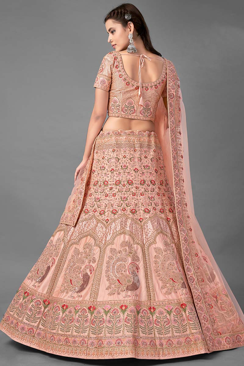 Peach Satin Bridal Lehenga Choli | Traditional Wedding Outfit