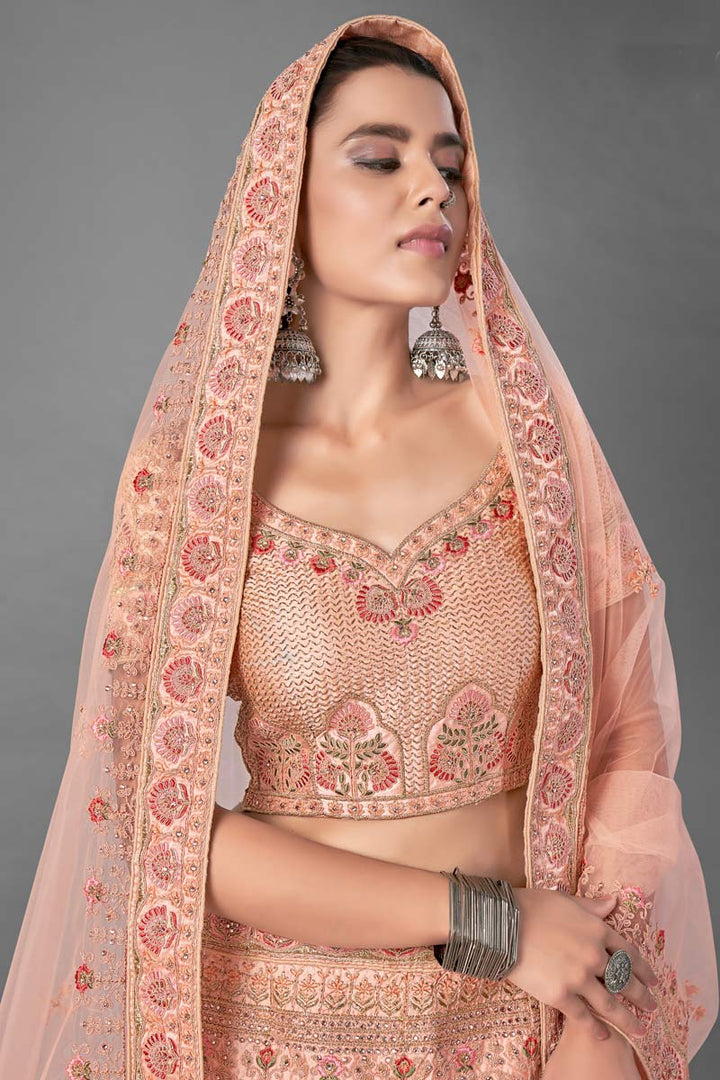 Peach Satin Bridal Lehenga Choli | Traditional Wedding Outfit