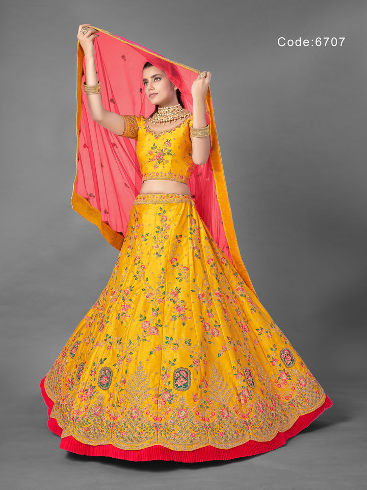 Yellow Art Silk Lehenga Choli | Elegant Bridal Wedding Outfit