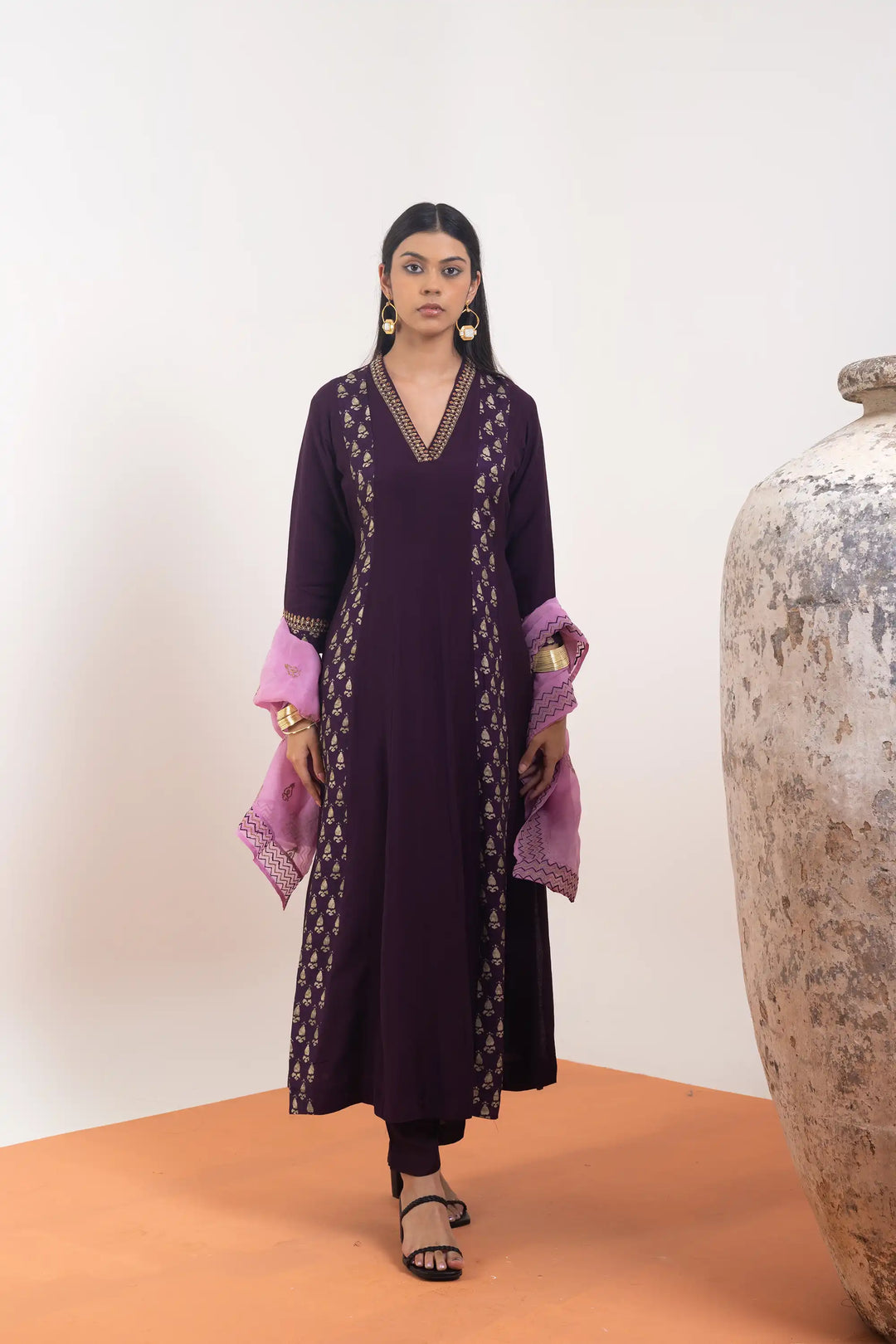 Anarkali dark-purple | A Blend of muslin and khat work hand work linening work f