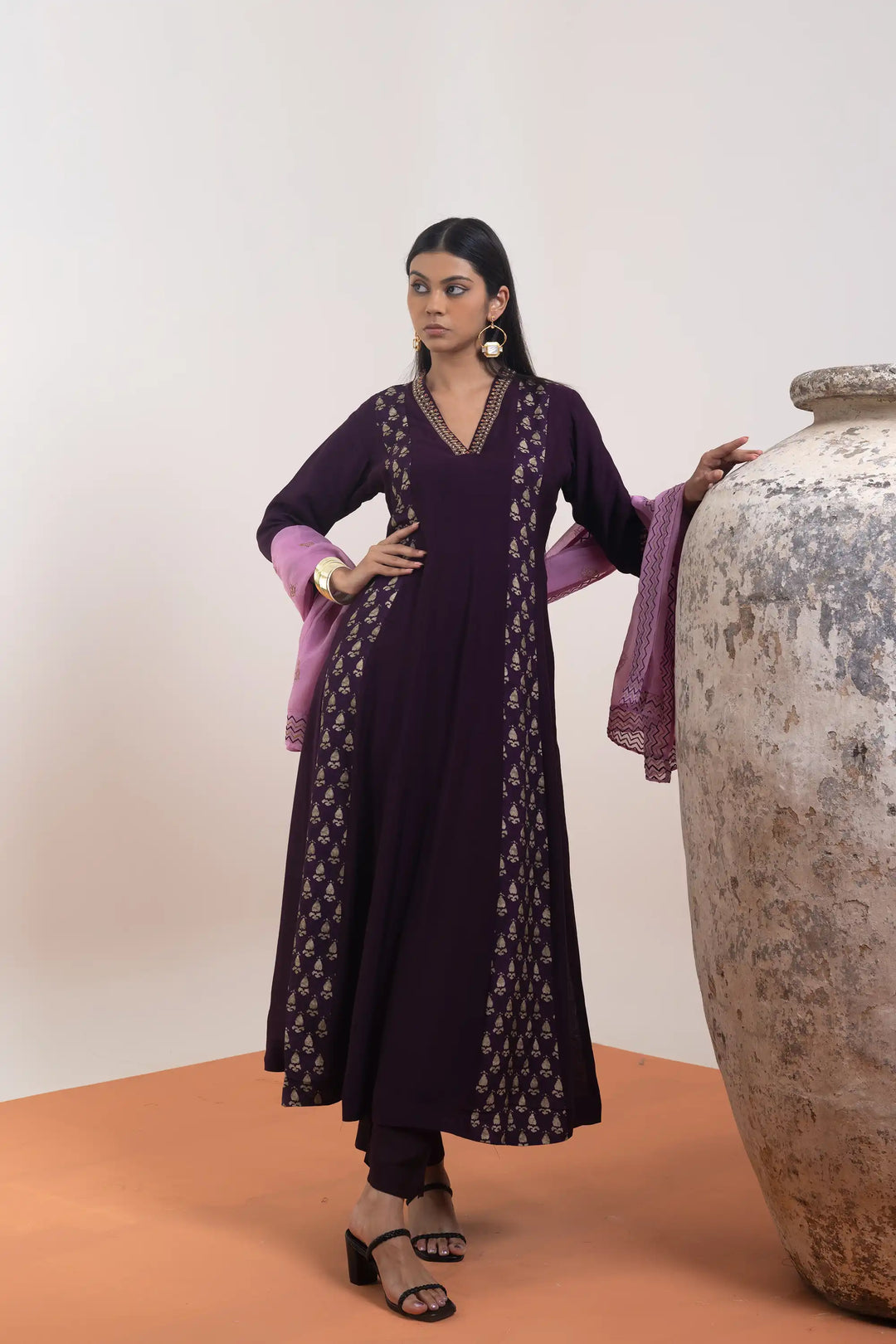 Anarkali dark-purple | A Blend of muslin and khat work hand work linening work f