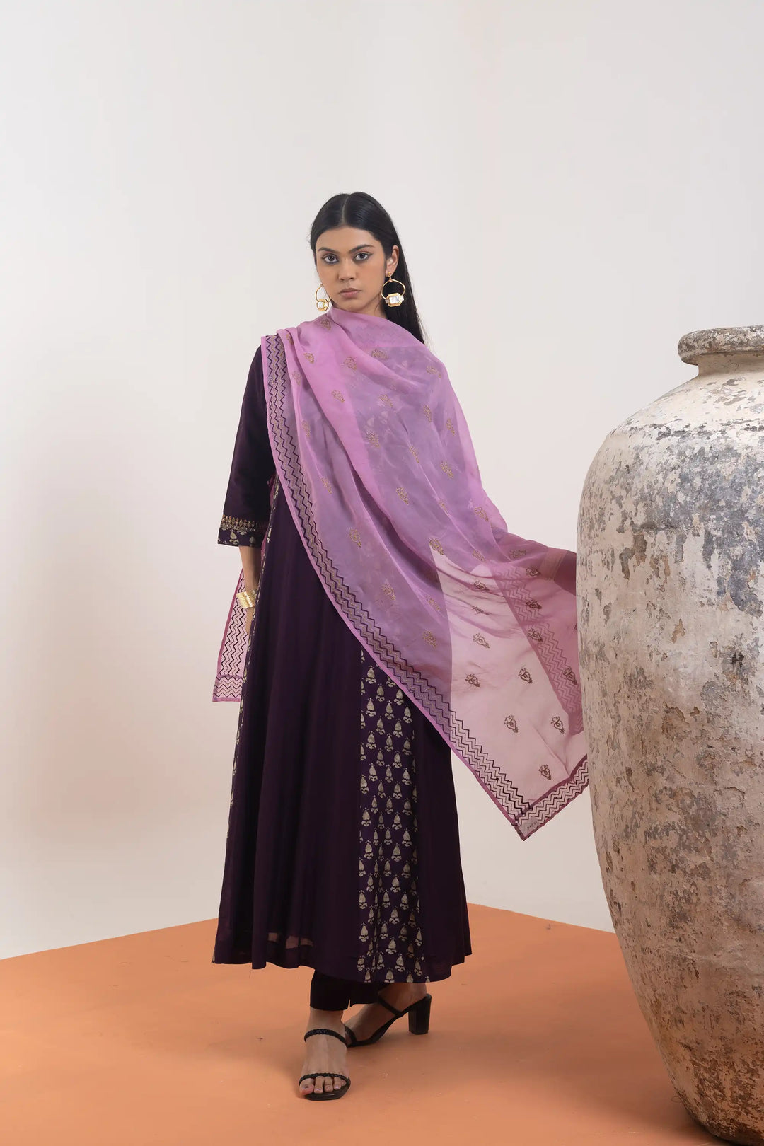 Anarkali dark-purple | A Blend of muslin and khat work hand work linening work f