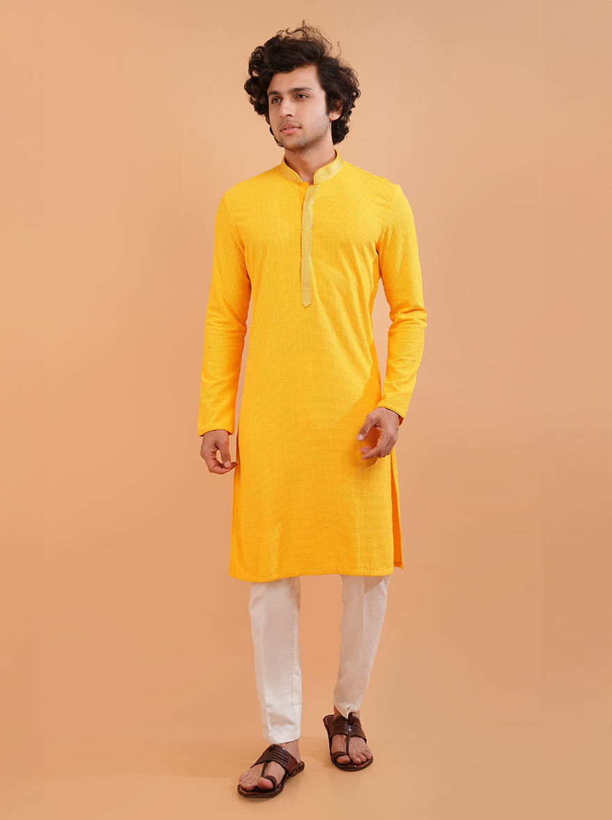 Designer yellow embroidered kurta pajama, crafted for USA festive occasions.