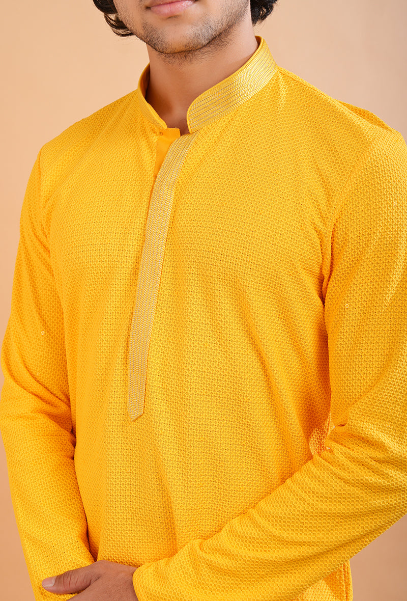 Premium yellow silk blend kurta pajama set, designed for elegant cultural and festive events.