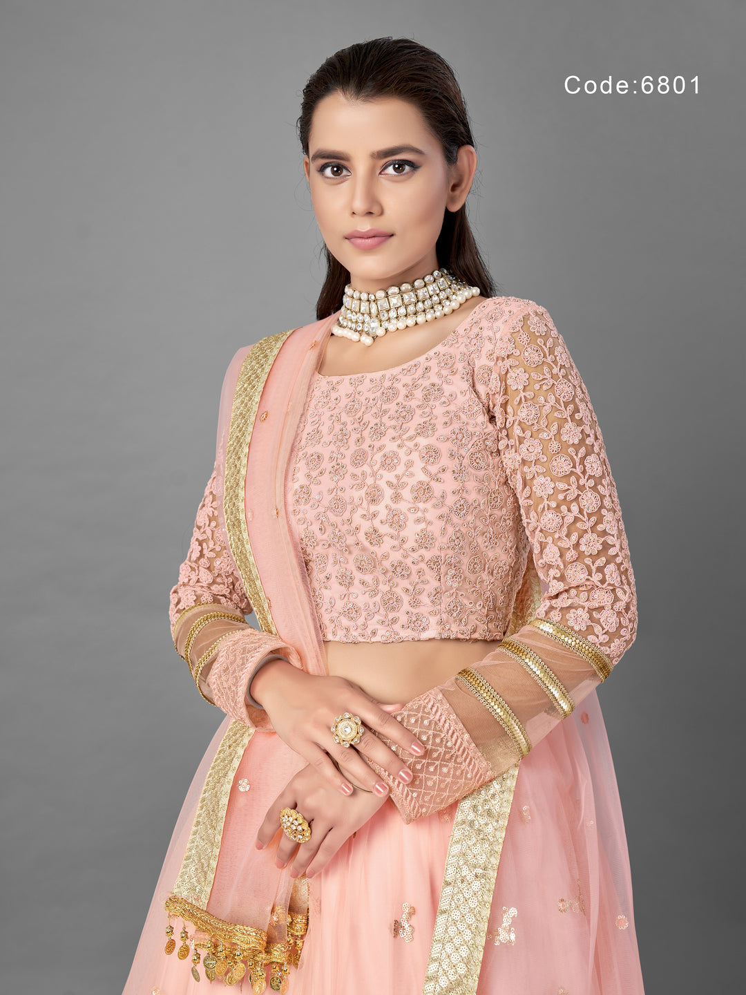 Light Pink Net Lehenga | Panelled Style with Dori and Sequins Work