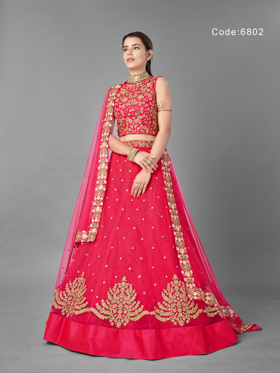 Bright Pink Net A-Line Lehenga | Zari and Sequins Work with Net Dupatta