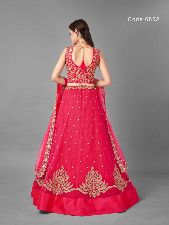 Bright Pink Net A-Line Lehenga | Zari and Sequins Work with Net Dupatta