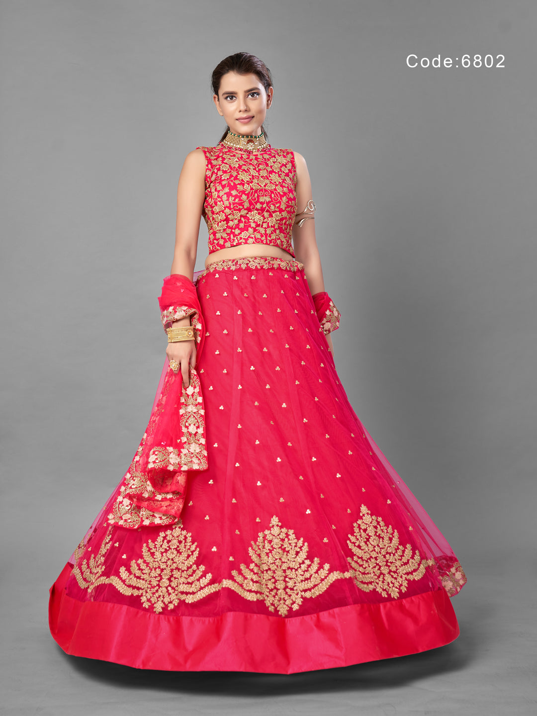 Bright Pink Net A-Line Lehenga | Zari and Sequins Work with Net Dupatta