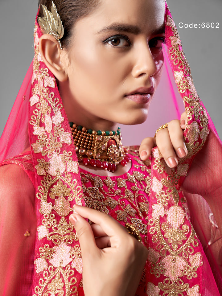 Bright Pink Net A-Line Lehenga | Zari and Sequins Work with Net Dupatta