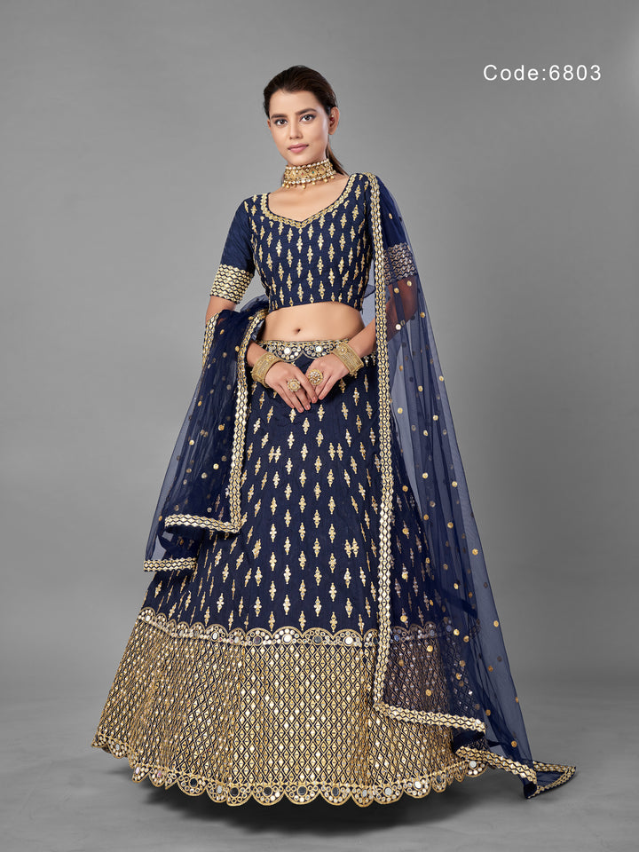 Elegant Navy Blue Lehenga Choli | Art Silk with Embroidered Choli and Dupatta