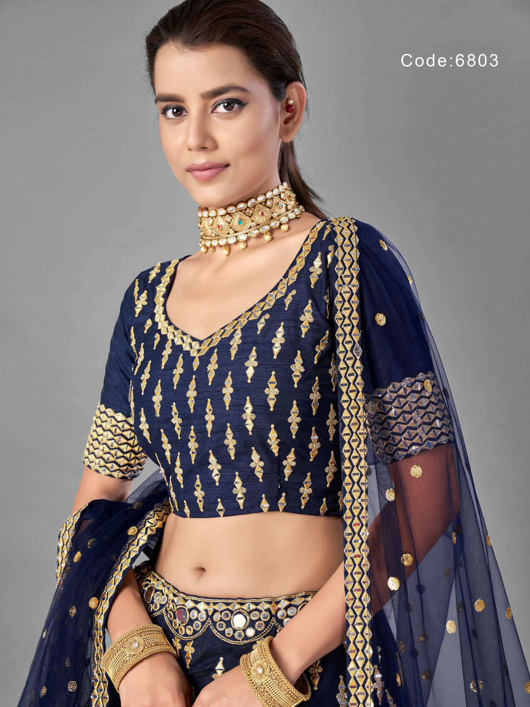 Elegant Navy Blue Lehenga Choli | Art Silk with Embroidered Choli and Dupatta