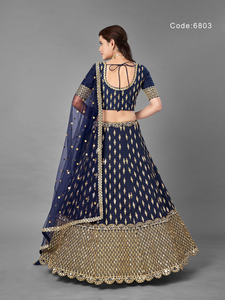 Elegant Navy Blue Lehenga Choli | Art Silk with Embroidered Choli and Dupatta