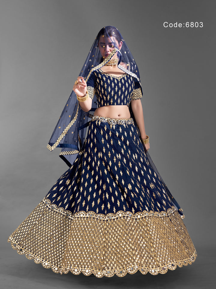 Elegant Navy Blue Lehenga Choli | Art Silk with Embroidered Choli and Dupatta