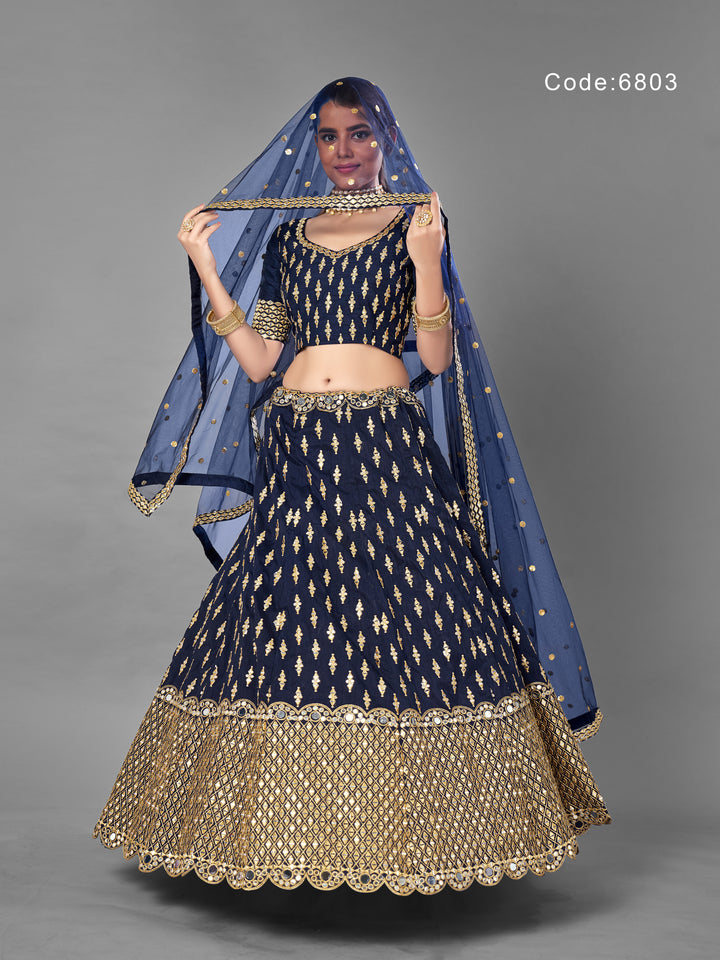 Elegant Navy Blue Lehenga Choli | Art Silk with Embroidered Choli and Dupatta