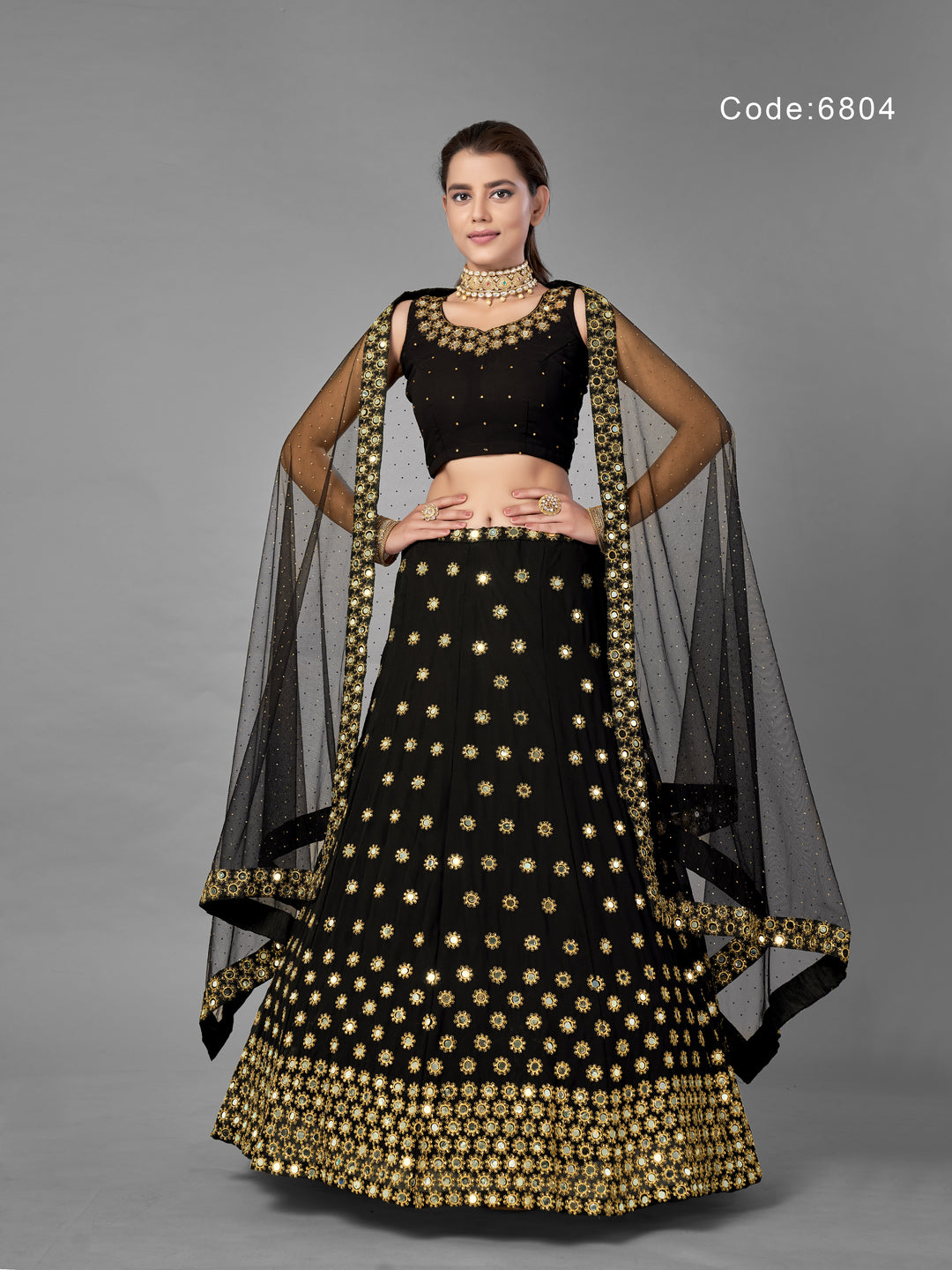 Black Georgette Lehenga | Mirror and Zari Work with Flared Design