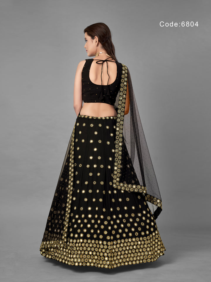 Black Georgette Lehenga | Mirror and Zari Work with Flared Design