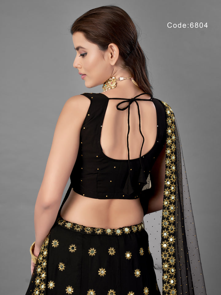 Black Georgette Lehenga | Mirror and Zari Work with Flared Design